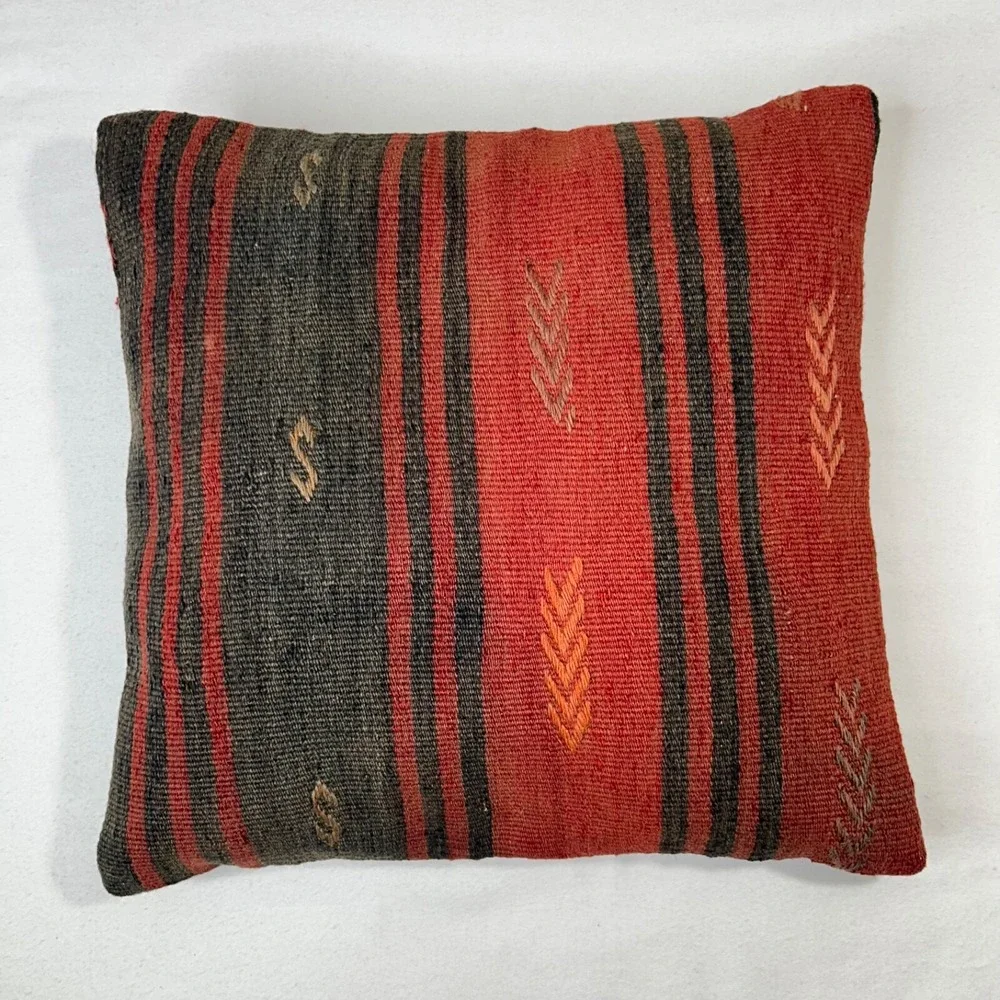 Turkish Kilim Throw Pillow 100% Feather‎ Fill Cushion Red Brown 16x16